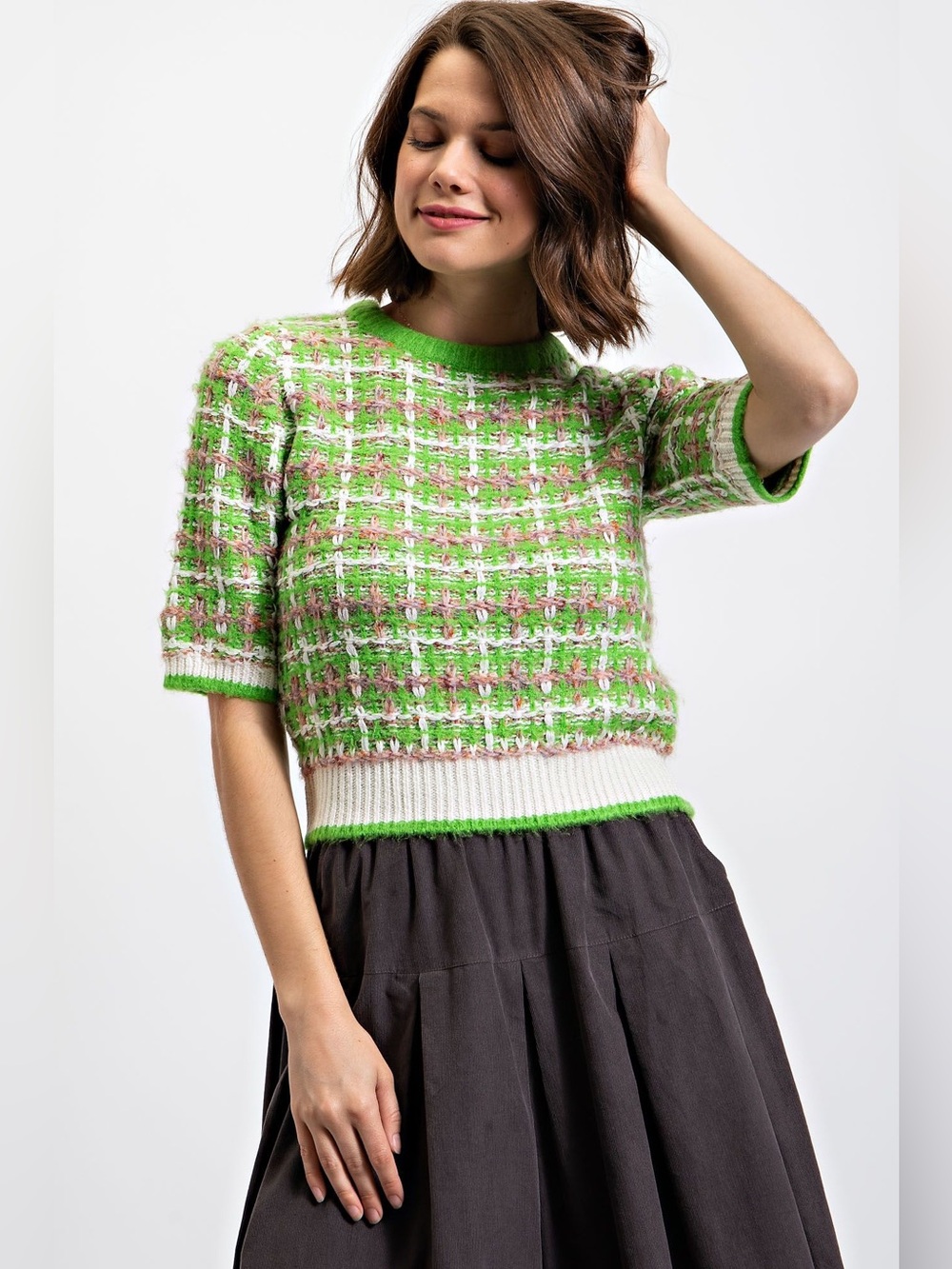 Easel Totally Buggin Tweed Sweater Top Lime Green Plaid 99s Clueless New Medium - Picture 5 of 14